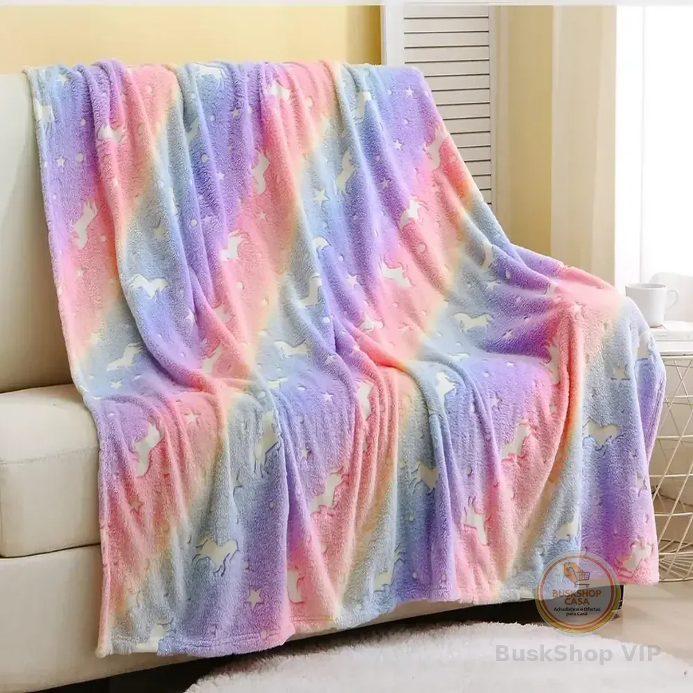 Manta Luminosa Várias Estampas Coberta Brilha Escuro Unicórnio Estrelas Pink