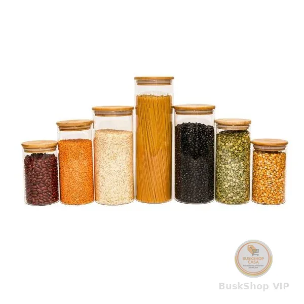 Kit com 7 Potes de Vidro para Mantimentos com Tampa Bambu - Oikos