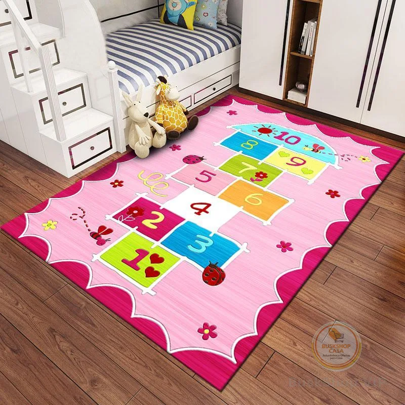 Tapete Kids Amarelinha Pink e Azul 1,00x1,50 Antiderrapante Estilo Belga Flannel