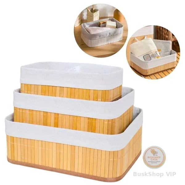Kit 3 Cestos Organizadores de Bambu Multiuso com Forro