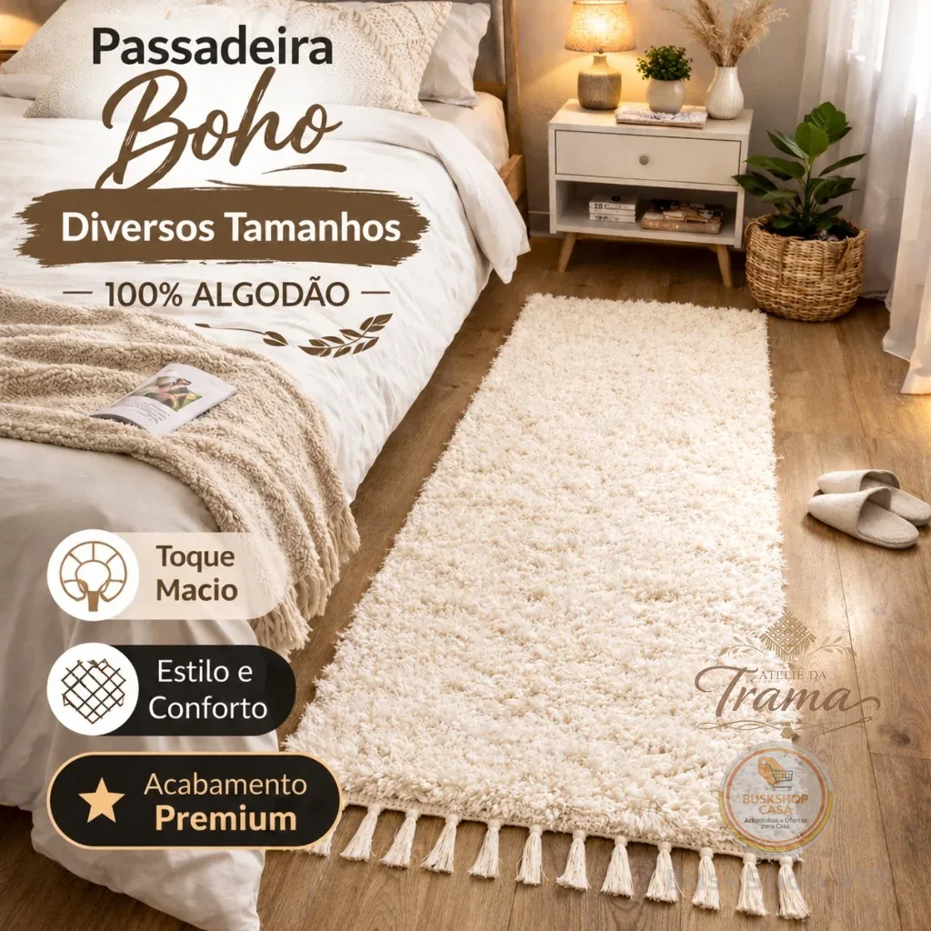 Tapete Passadeira Boho Algodão Cru Artesanal Quarto Cozinha