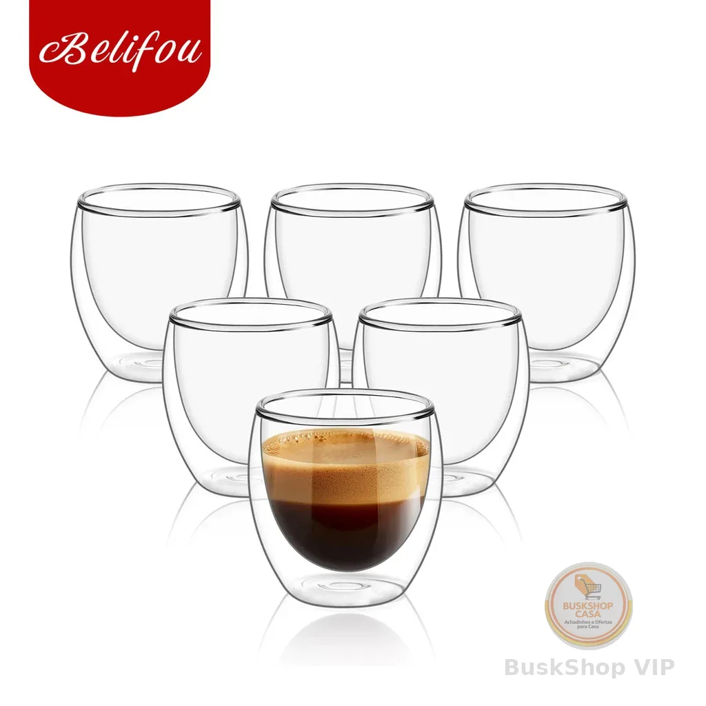 Belifou  6Pcs Vidro Caneca De Café Dupla Isolamento Térmico 80ML