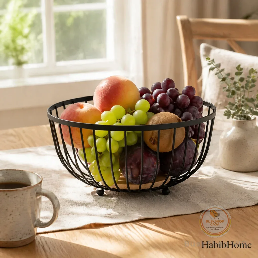 Fruteira Aramada Redonda Preta com Base de Bambu Organizador de Frutas para Cozinha Decorada