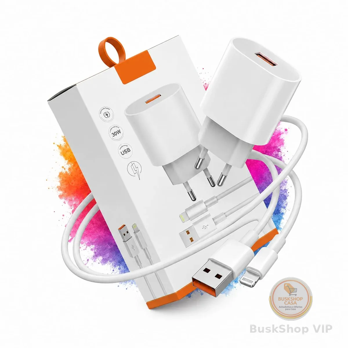 Kit Fonte e Cabo Carregador Super Turbo 30W para iPone – Carga Rápida USB/Lightnin – Alta Velocidade e Bivolt Compatível com iPone 14 13 12 11 X Xr SE