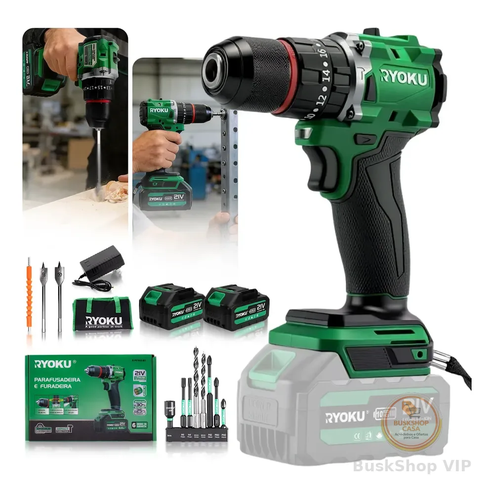 Parafusadeira Furadeira Impacto Brushless 2 Baterias Ryoku Verde 127/220v
