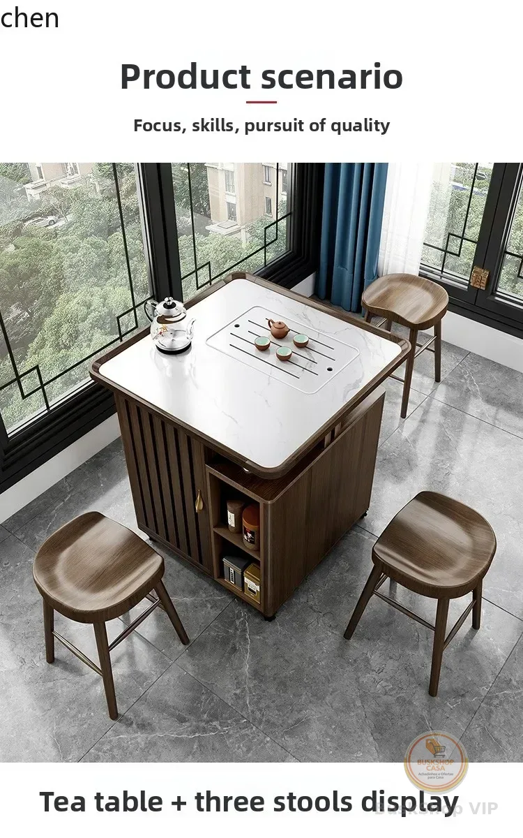 Conjunto de Mesa e Cadeiras para Varanda i5.15 com Rodas, Tampo de Pedra e Madeira Sólida, Ideal para Casas Pequenas, Carrinho de Chá Estilo Zen