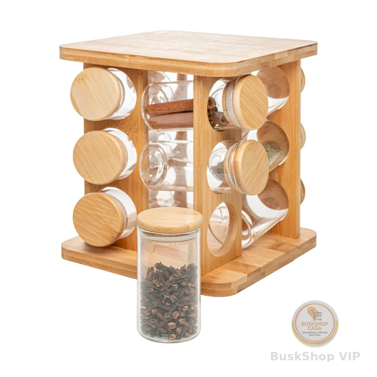WOLFF - Conjunto 12 Potes em Borossilicato com Tampa Hermética e Rack Giratório em Bambu 120ml - Porta temperos com suporte