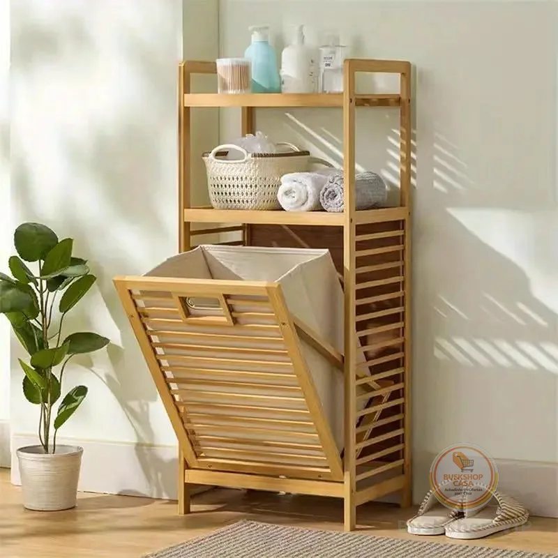 Cesto Roupa Suja De Bambu Organizador Inclinável Prateleira  C/ 2 Prateleiras Organizador Grande