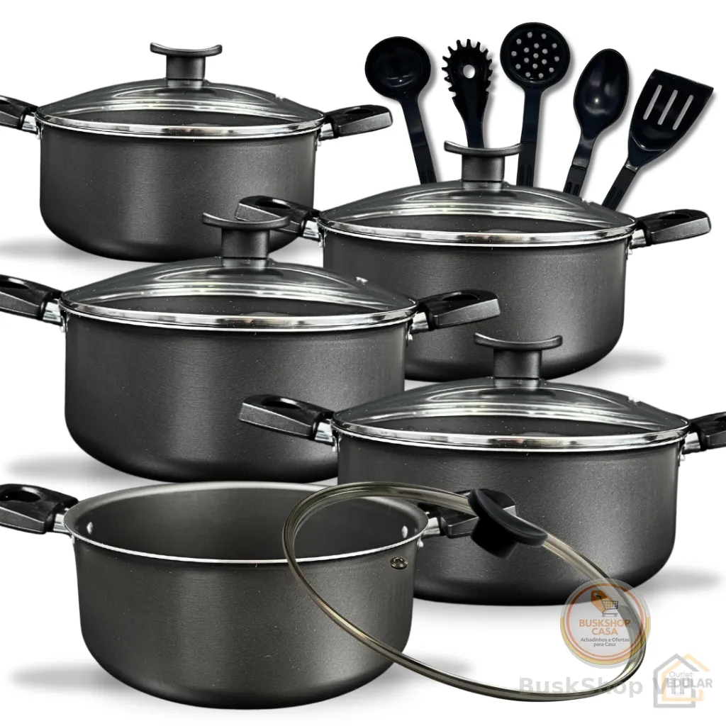 Kit Jogo de Panelas 10 Peças Caçarolas Antiaderente Teflon e Tampa de Vidro e Utensílios Cor Grafite