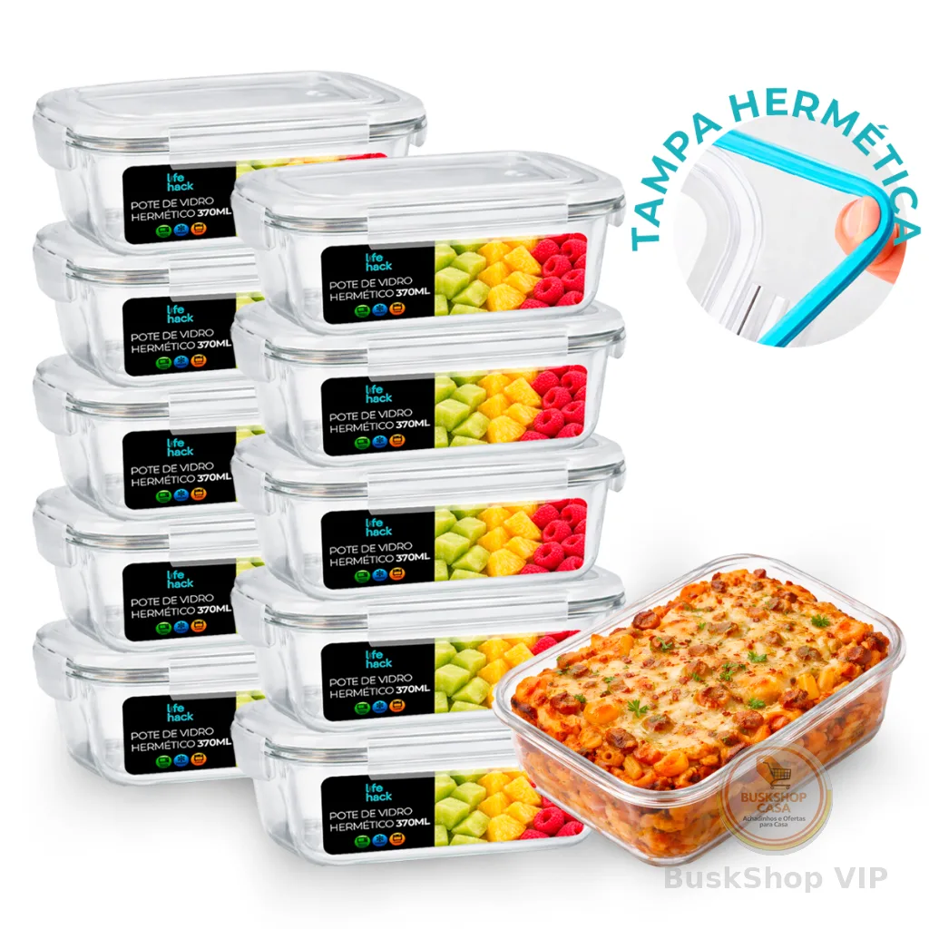 Conjunto Potes Vidro 370ml Hermético 4 Travas Marmita Premium Fitness