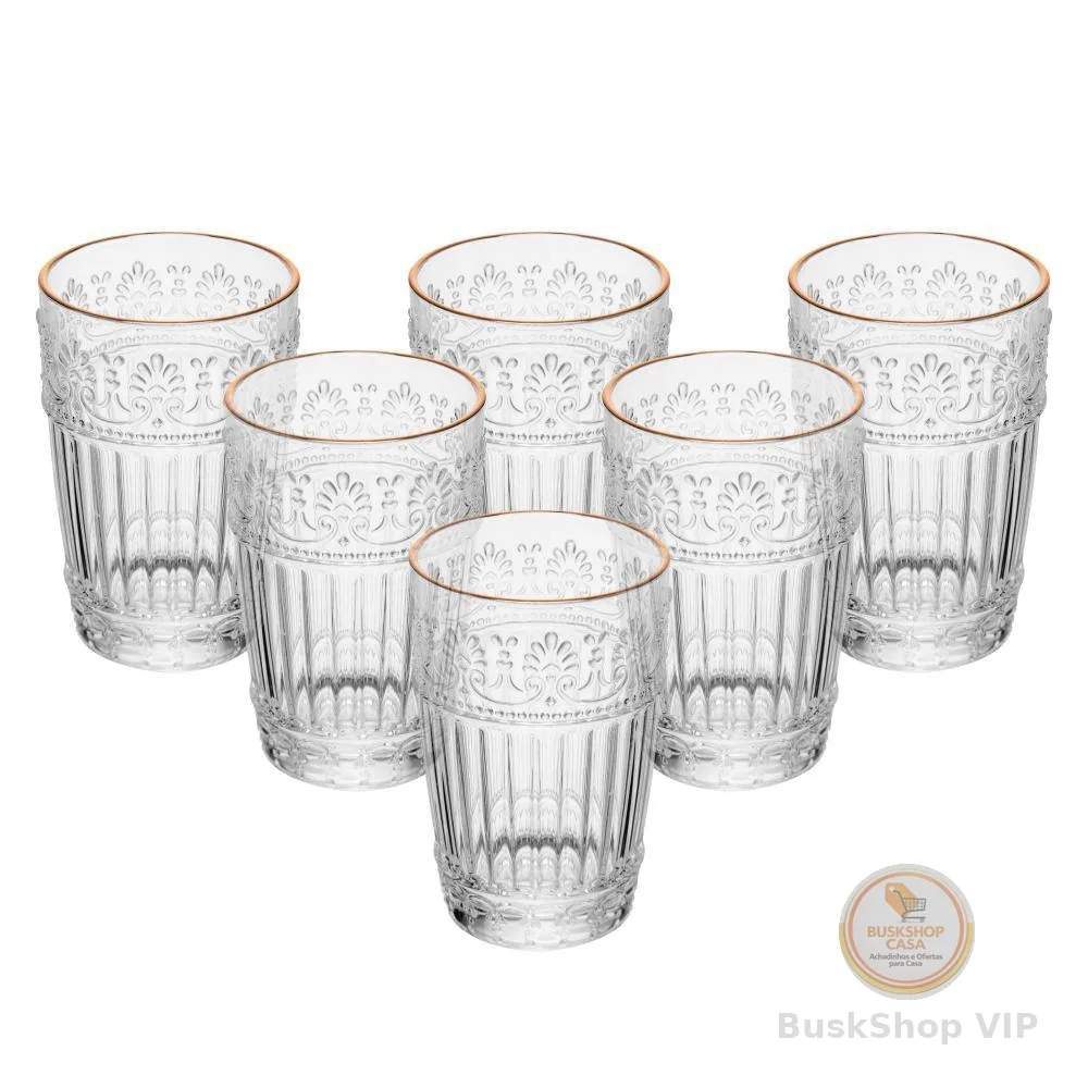 Conjunto 6 Copos Mauve com Fio de Ouro 350ml Vidro - Wolff