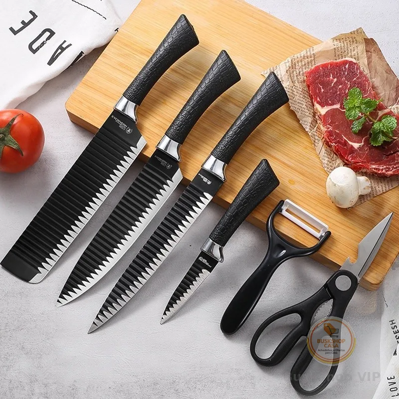 Kit 6 Peças Conjunto de Faca Carne Cutelo Legumes Aço Carbono Descascador Tesoura Profissional