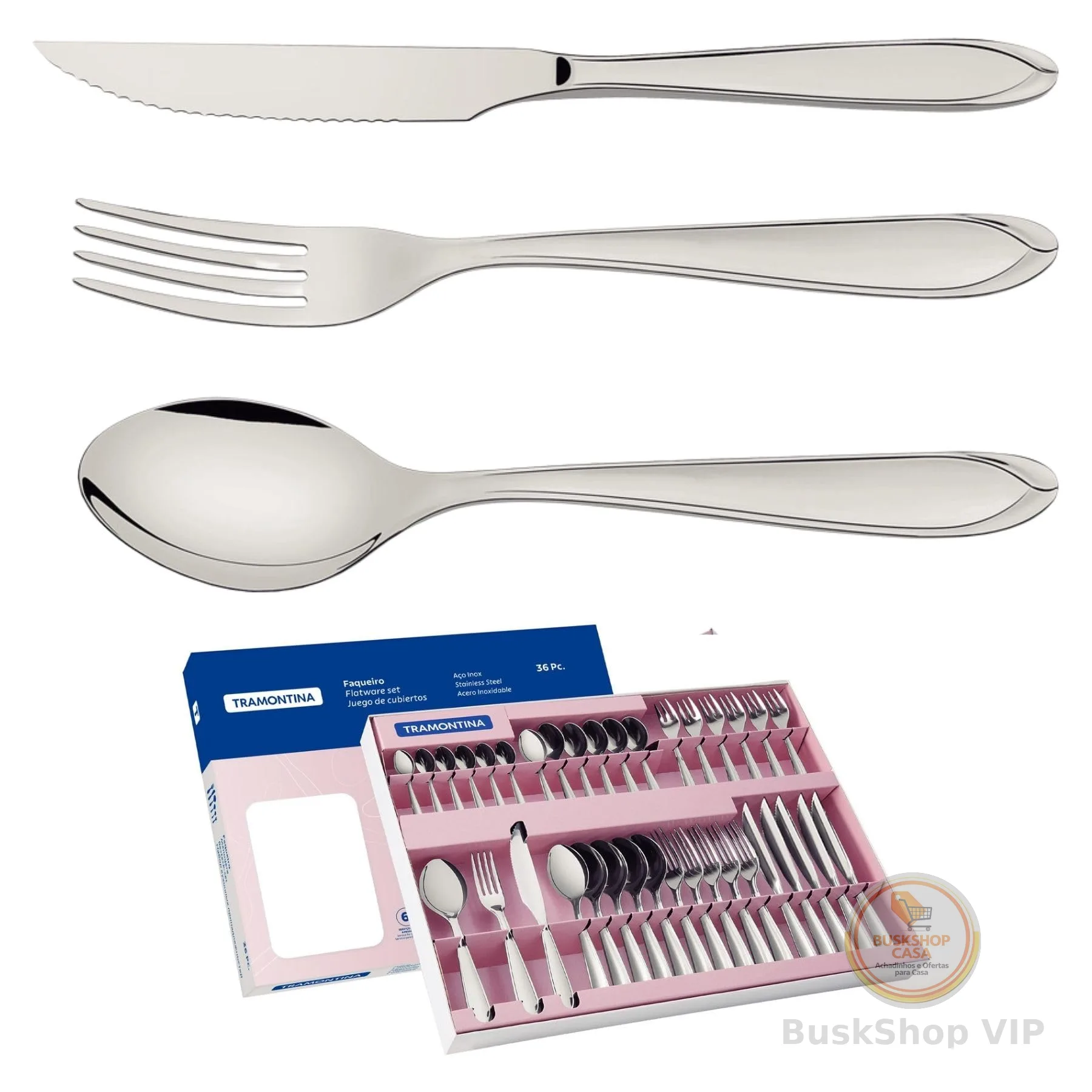 Faqueiro Aço Inox com Faca para Churrasco com 36 Peças Tramontina Laguna Prata
