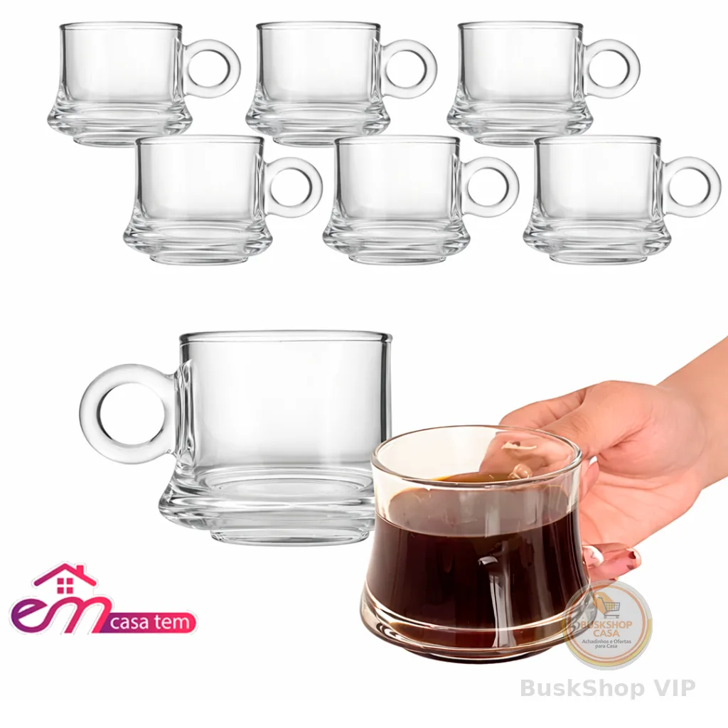 Jogo de 12 Xícara Robusta Lisa Elegante Vidro Temperado 85ml Caneca Café Decorativa Resistente