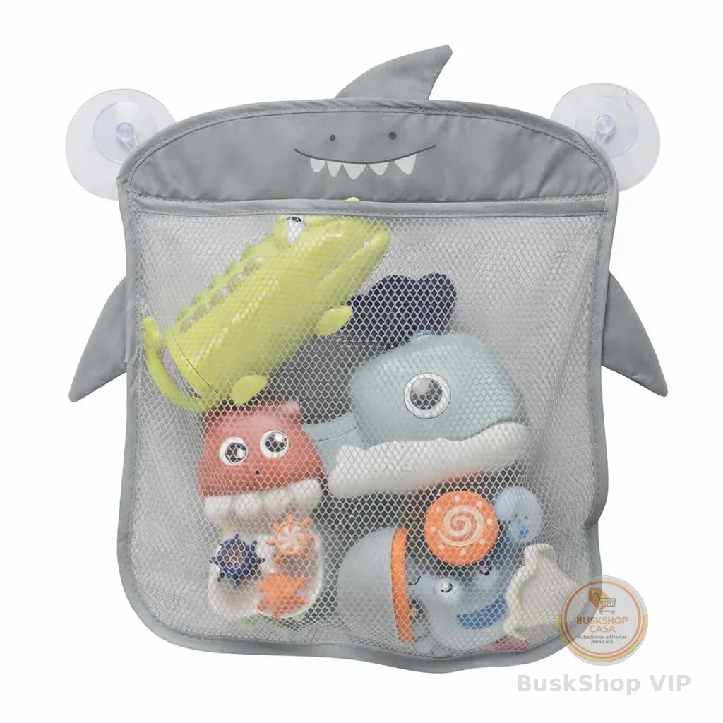 Organizador Multiuso Infantil de Brinquedos com Ventosa para Banheiro e Quarto – Prático, Dobrável e Ideal para Hora do Banho (Cinza (Tubarão))