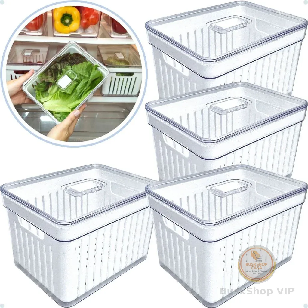 Kit 2 e 4 Organizadores de Geladeira 3,8,  2,8, 1,9 e 1,4 Litros Cesto com Tampa Multiuso Alimento Verdura e Vegetal