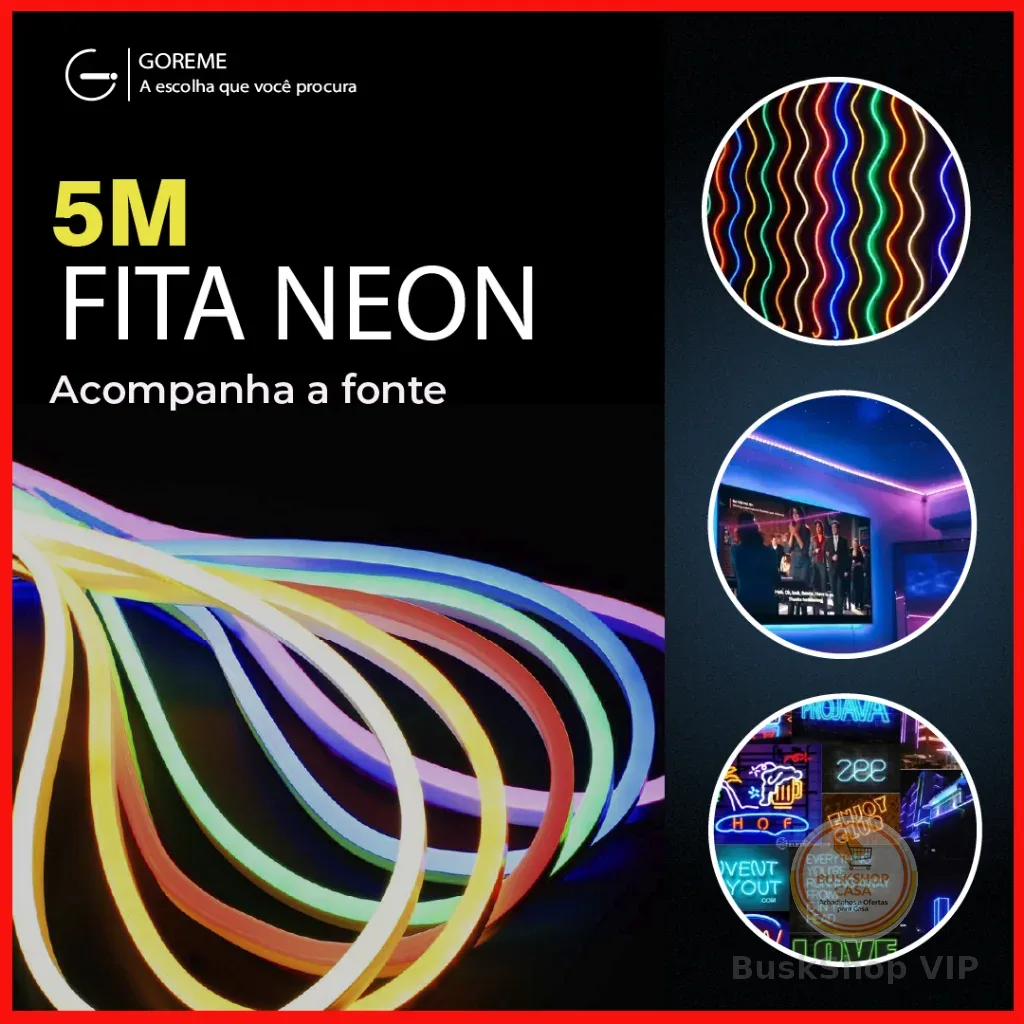 Fita de LED Mangueira Neon 5 Metros IP65 Flexível Com ou Sem Fonte | 8 Cores