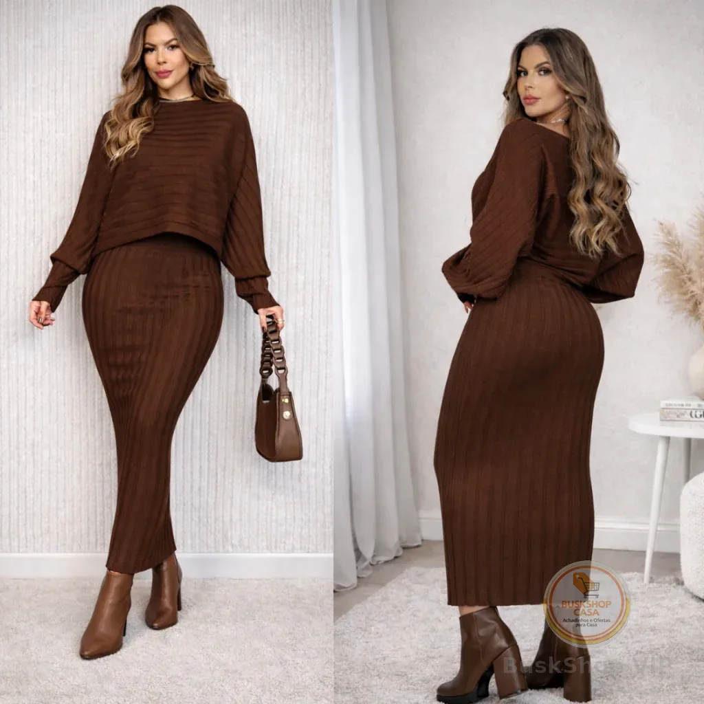 Conjunto Feminino Tricot Canelado Inverno Elegante Manga Longa + Saia Midi Modal Premium