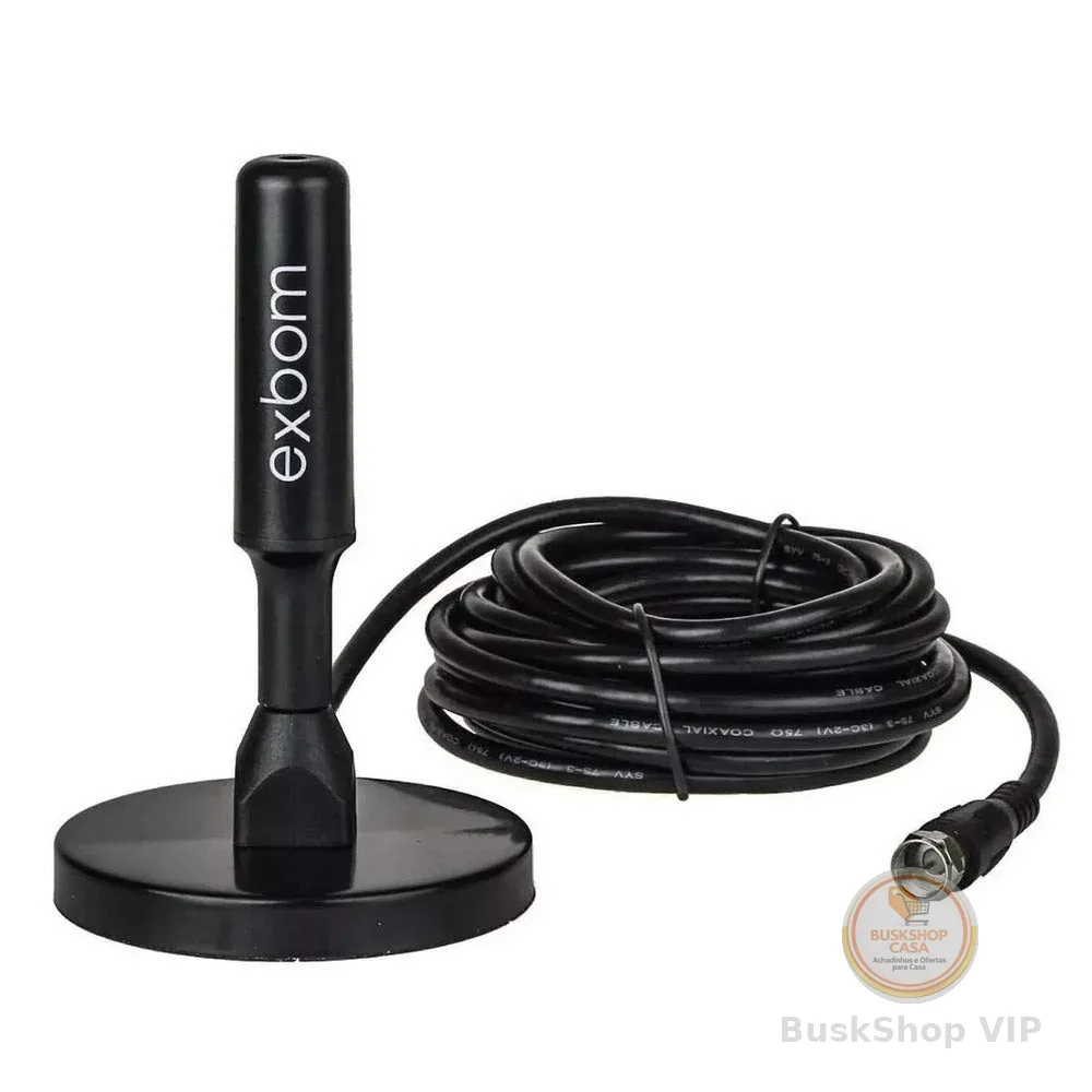 Antena Digital Amplificada HDTV/UHF/VHF Interna e Externa 5m Base Imã prova d'água 4dBI - Exbom