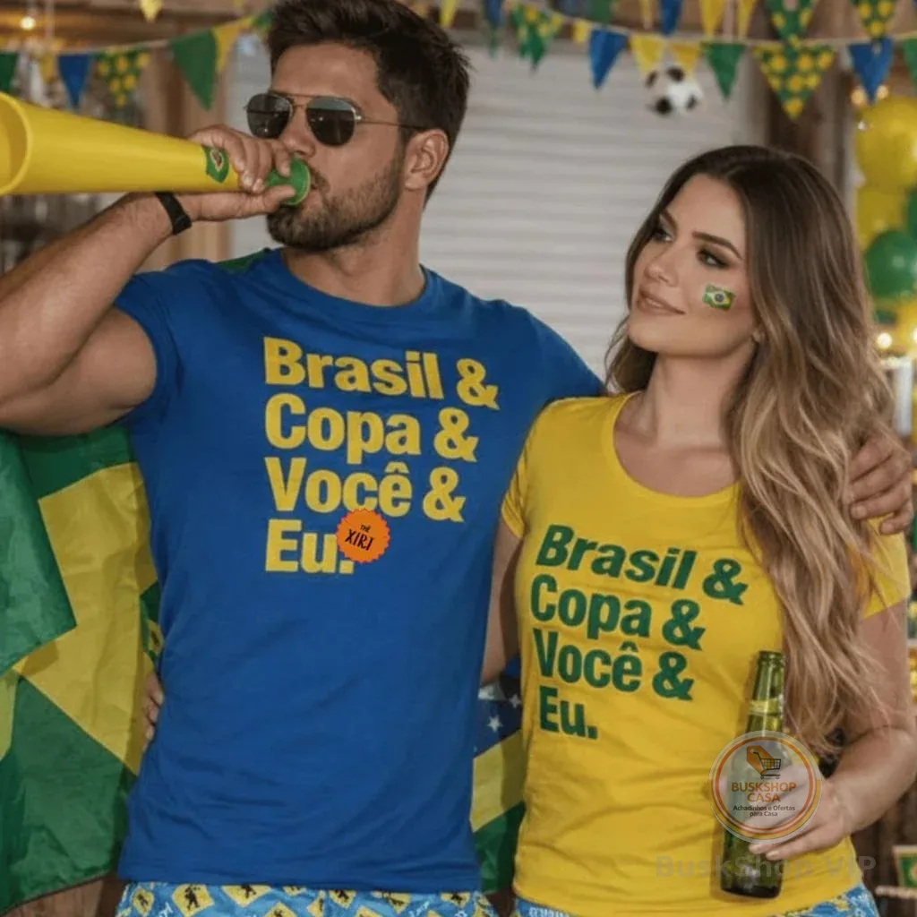 eu Conjunto Casal namorados Copa Futebol Brasil Seleção Kit 2 Camisetas "Brasil & Copa & Você & Eu"