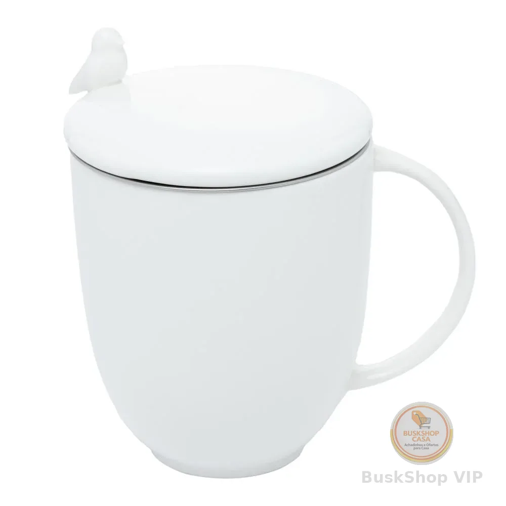 WOLFF - Caneca de Porcelana com Infusor e Tampa Birds Branco 350ml