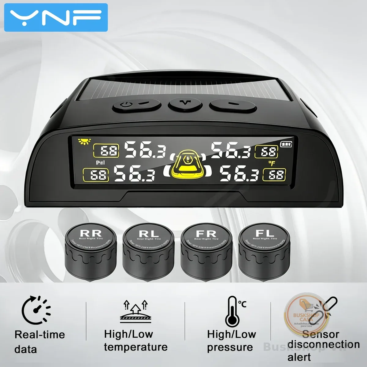 YNF TPMS Universal, 4 Sensores Externos, Monitor de Pressão e Temperatura em Tempo Real, Alimentação USB/Bateria, Interruptor de Vibração
