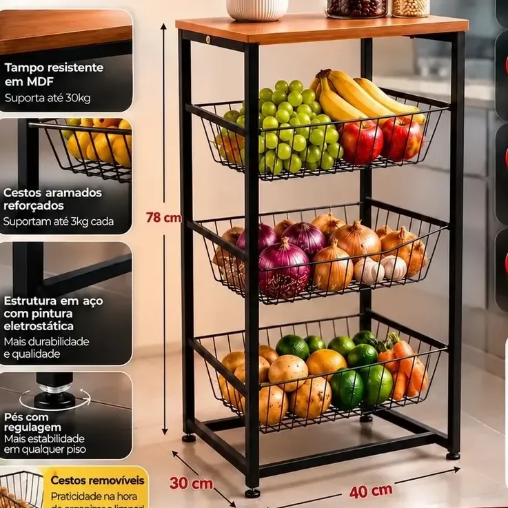 3 Cestos Base Para Bebedouro Belolar Fruteira De Chão Cozinha Preto Fosco Com Pés Regulavel Mdf