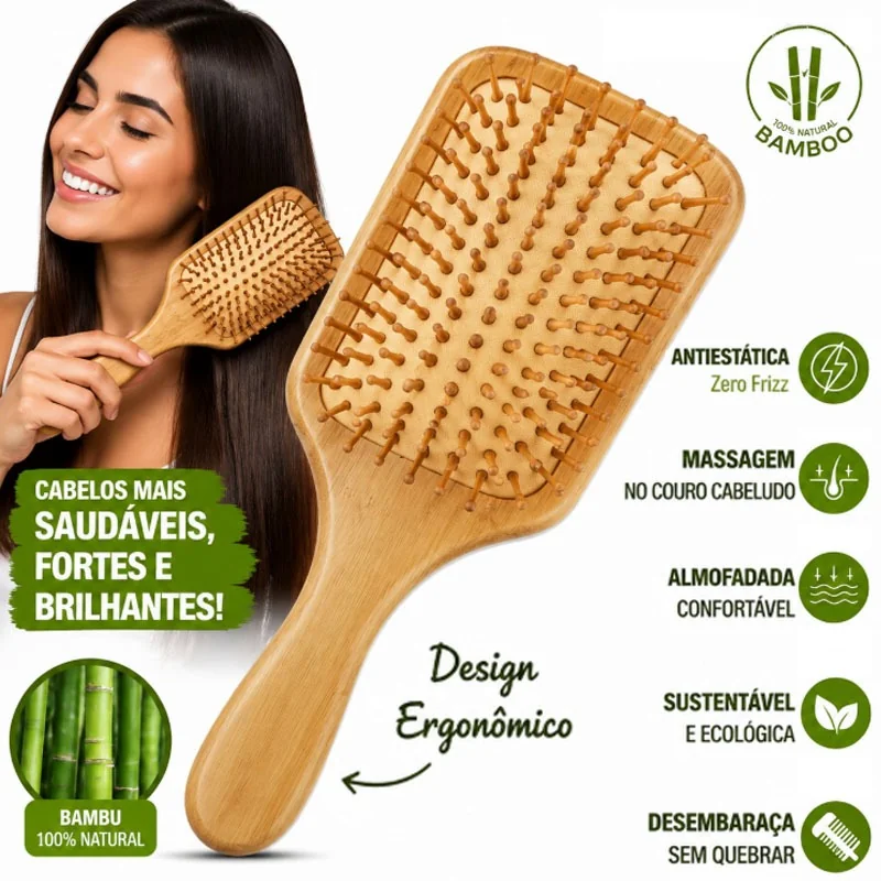 Escova de Cabelo de Bambu Natural | Antiestática | Almofada de Ar | Massagem no Couro Cabeludo | Sustentável