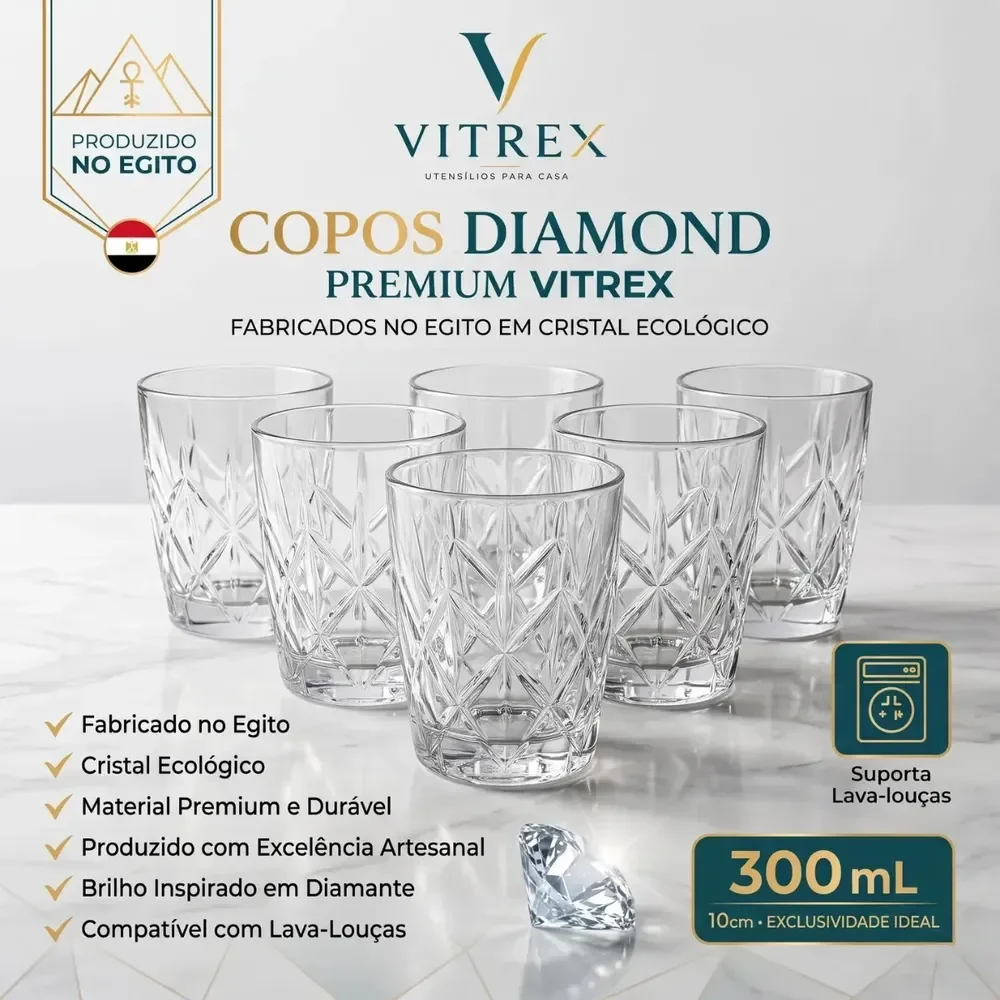 Jogo 6 Copos Diamond Egipcio 300ml Vidro Grosso Diamante Luxo Transparente Vitrex
