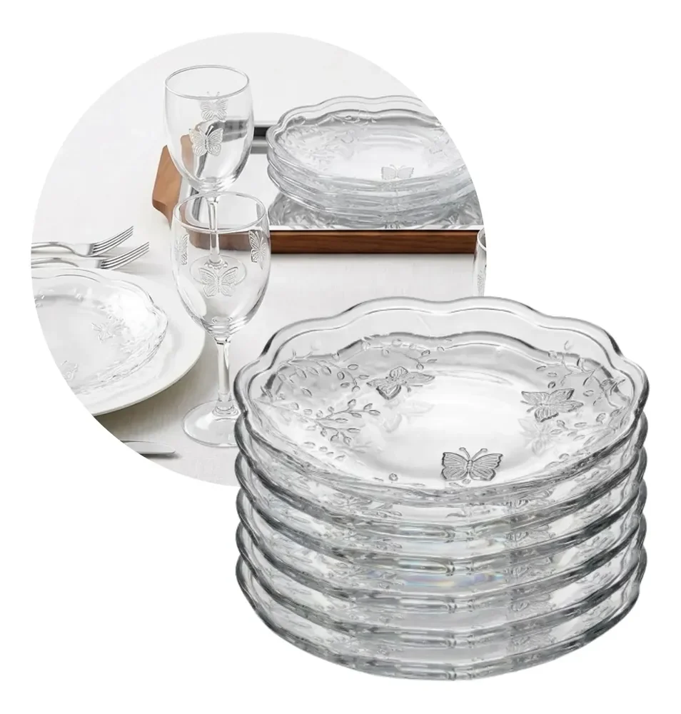 Jogo 6 Pratos Raso Jantar Almoço 27cm Cristal Butterfly Lyor