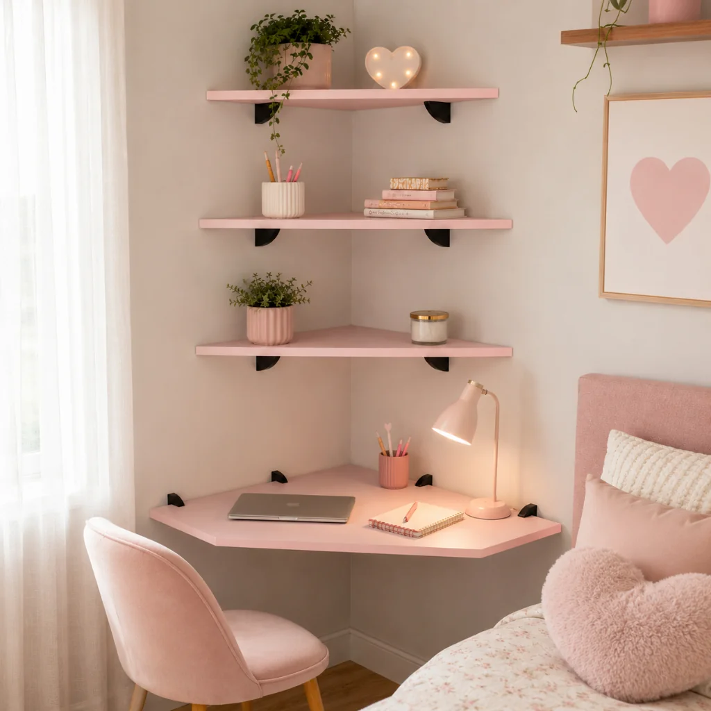Kit Mesa Rosa Escrivaninha de Canto com 3 prateleiras para quarto e escritório em mdf 15mm