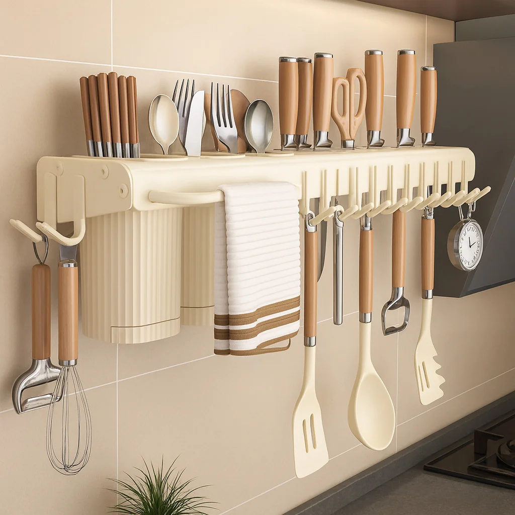 Porta Facas Prateleira Rack para Cozinha de Parede 50cm com Ganchos Toalheiro Organizador Facil de Limpar