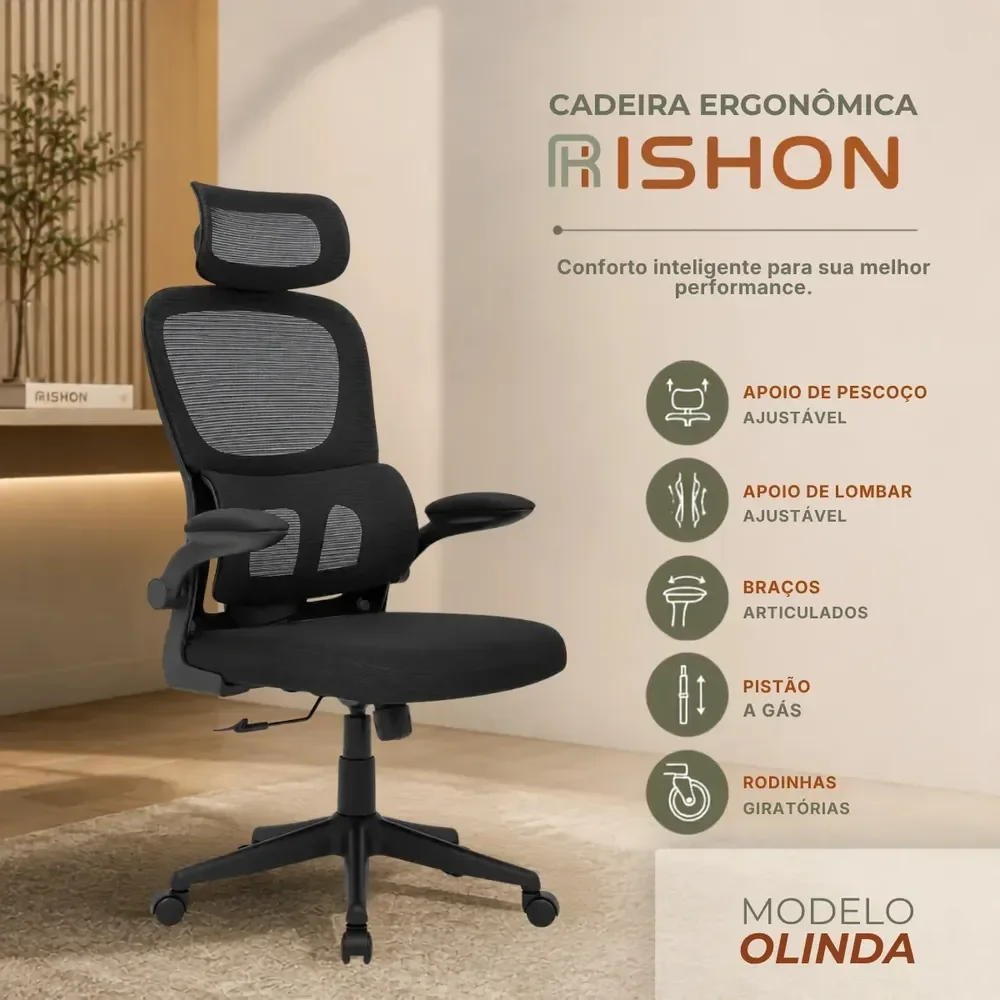 Cadeira Escritório Ergonômica Giratoria Reclinavel Olinda RSH500 Rishon Cor Preto Com Suporte Lombar Estofado Mesh