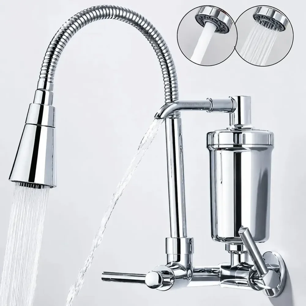 Torneira Gourmet Com Filtro Purificador De Água Flexível Pia Cozinha Bica De Parede 2 Jatos Cor Prateada Linha Premium - Marca Camperluz Prateada ( Parede C/ Filtro) Cromado