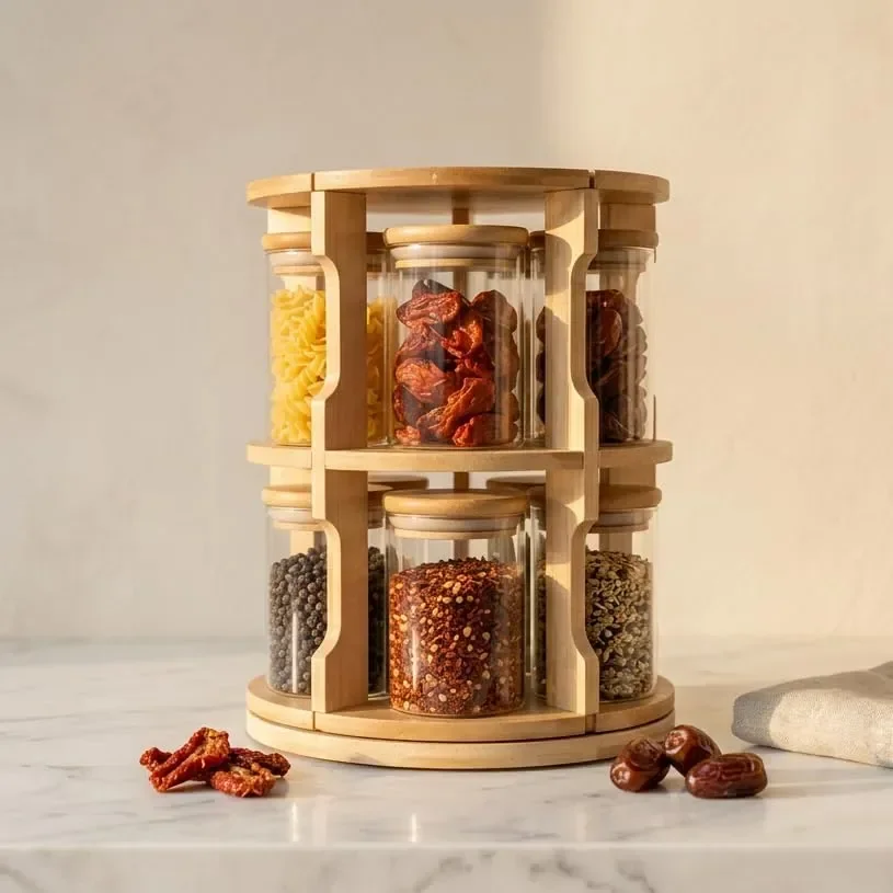 Porta Tempero Bambu Giratório Vidro Cozinha 10 Potes Bambu
