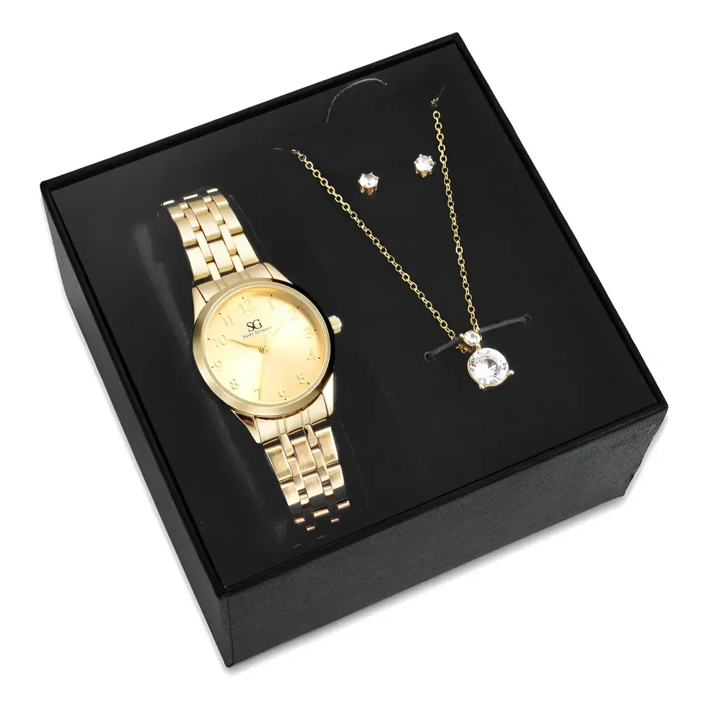 Kit Relógio Colar E Brincos Ponto De Luz Dourado Feminino Luxo Golden Saint Germain Presente Original Joias Elegante Clássico 28mm