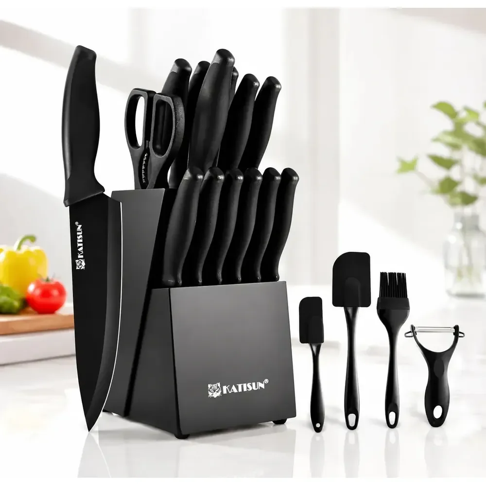 Jogo De 15 Facas De Cozinha De Aço Inoxidável Katisun Com Suporte E Afiador, Preto
