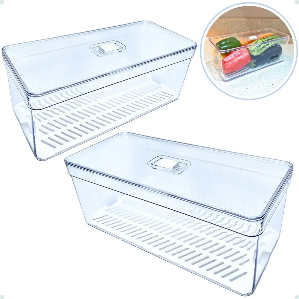 Kit 2 Organizador De Geladeira Grande 6,8l C/ Tampa E Tela Transparente