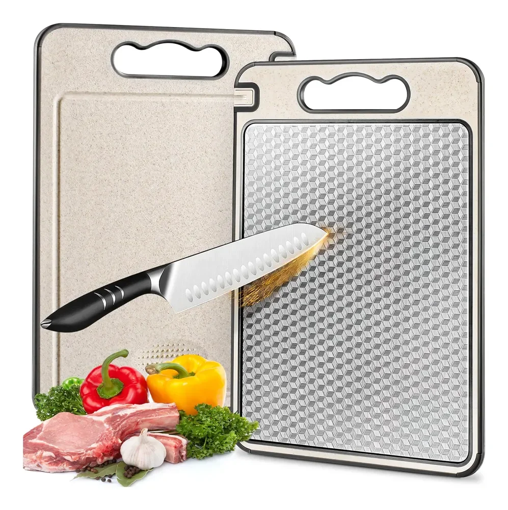 Tabua De Corte Para Cozinha Dupla Face Corte Inox E Palha Lisa Prateado