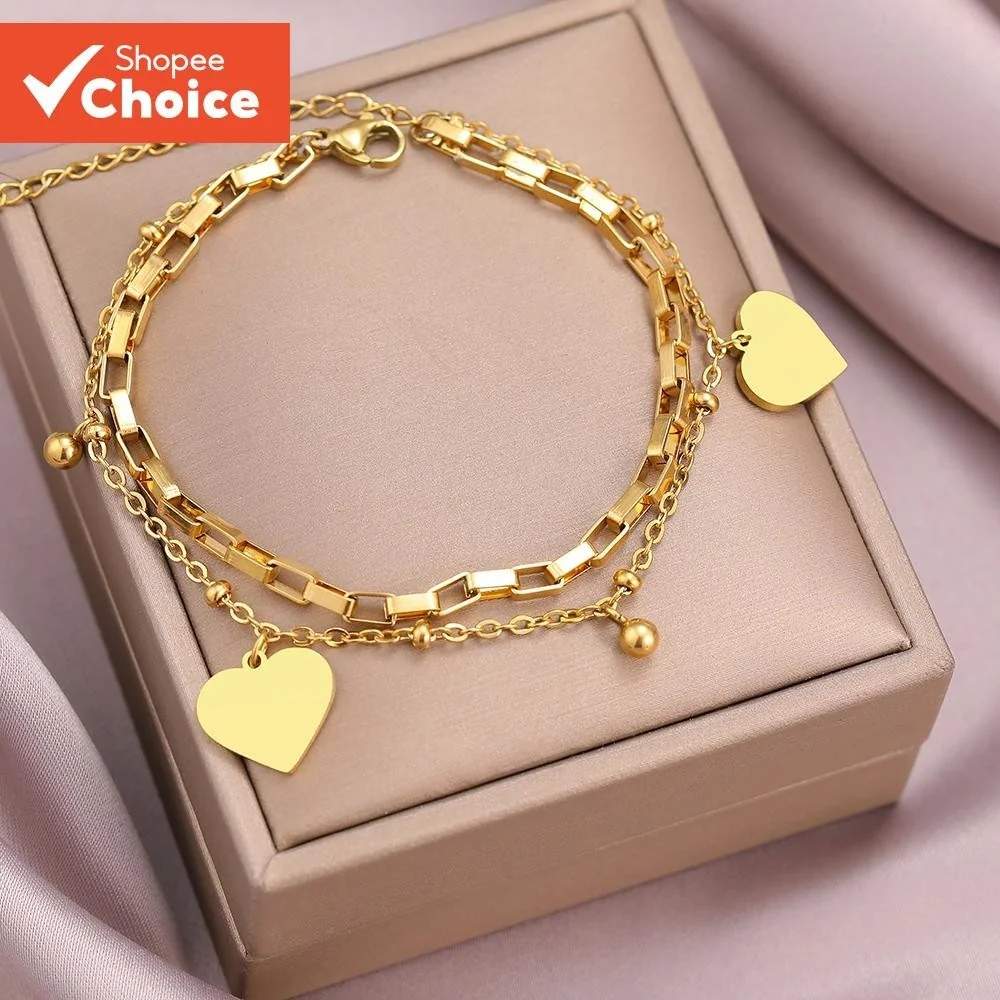 Bracelete Coração De Aço Inoxidável Moda Prata Ouro Cor Elegante