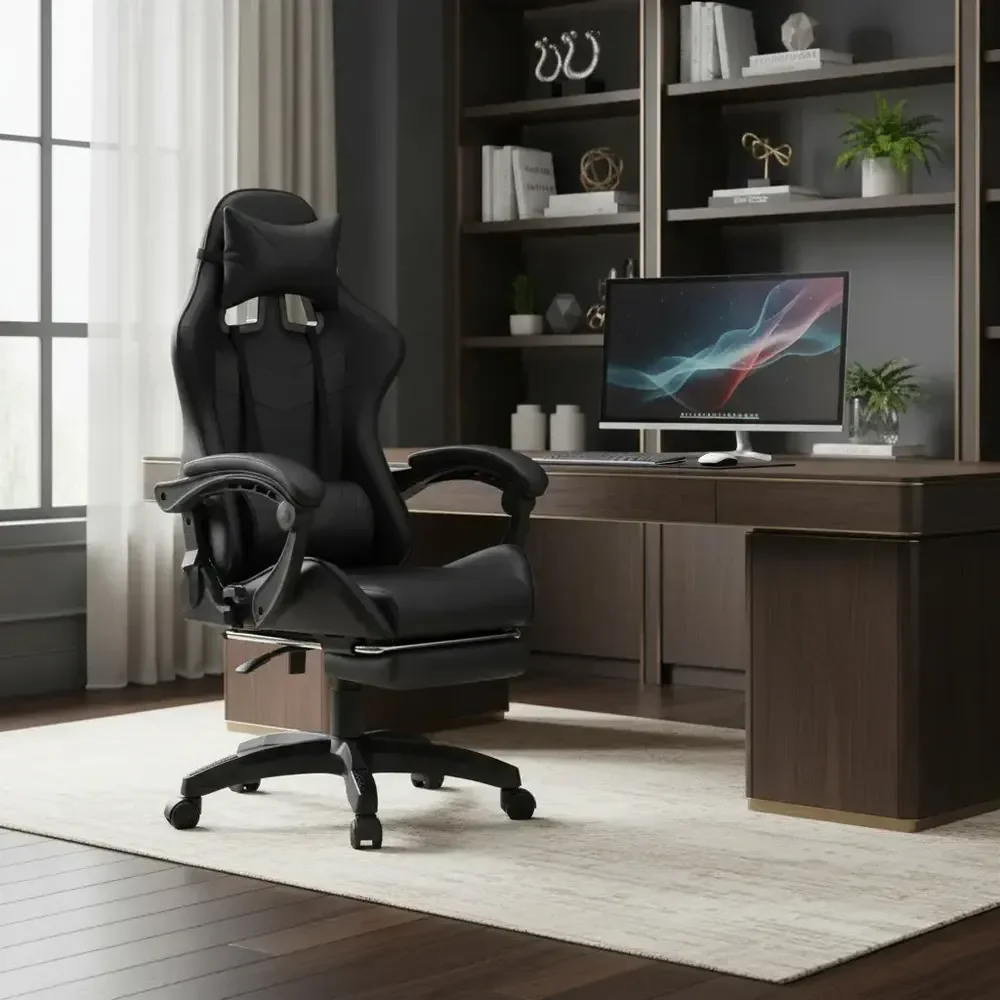 Cadeira De Escritório Gamer Nitro Ergonômica Estofado Couro Sintético Reclinável Altura Ajustável Apoio Para Pés Cor preto luvinco