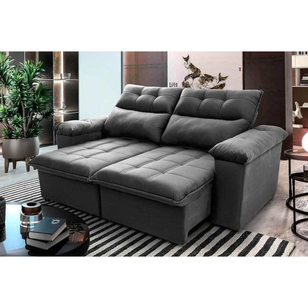 Sofá Retrátil Reclinável Verona 2,00m Suede Velut Cinza  Molas no Assento - King House