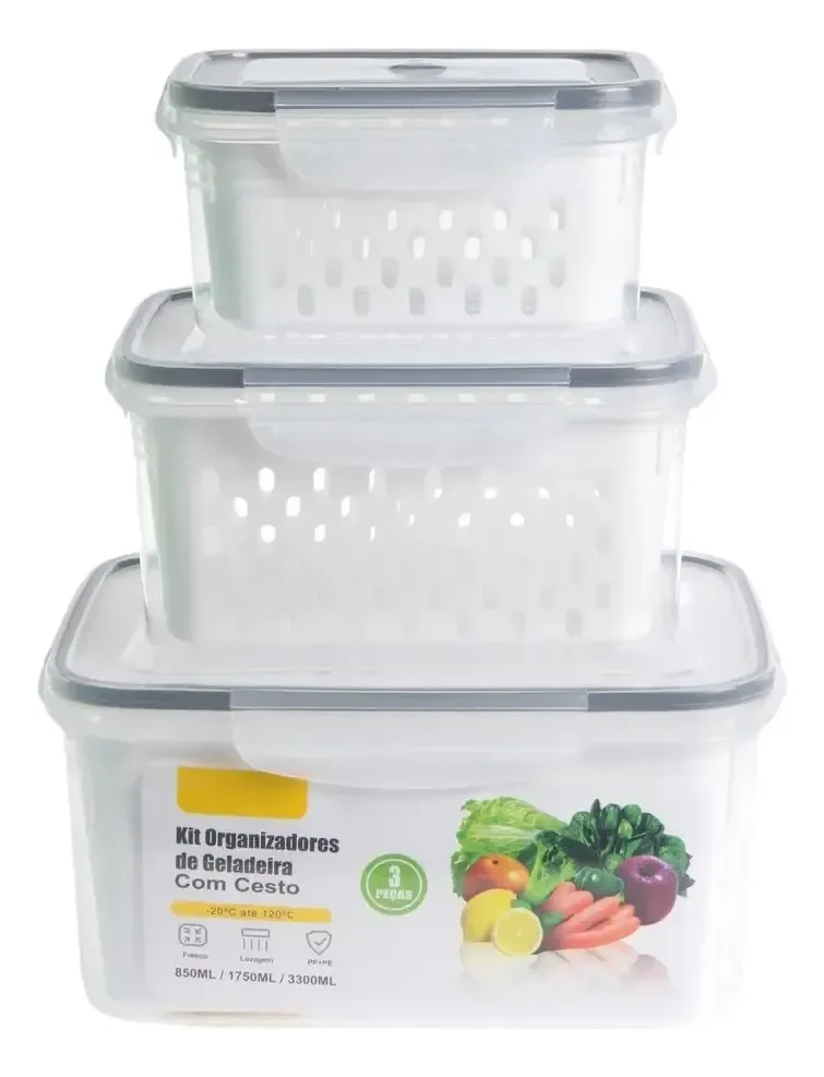 Kit 3 Potes Organizador De Geladeira Armário Tampa Hermética Branco