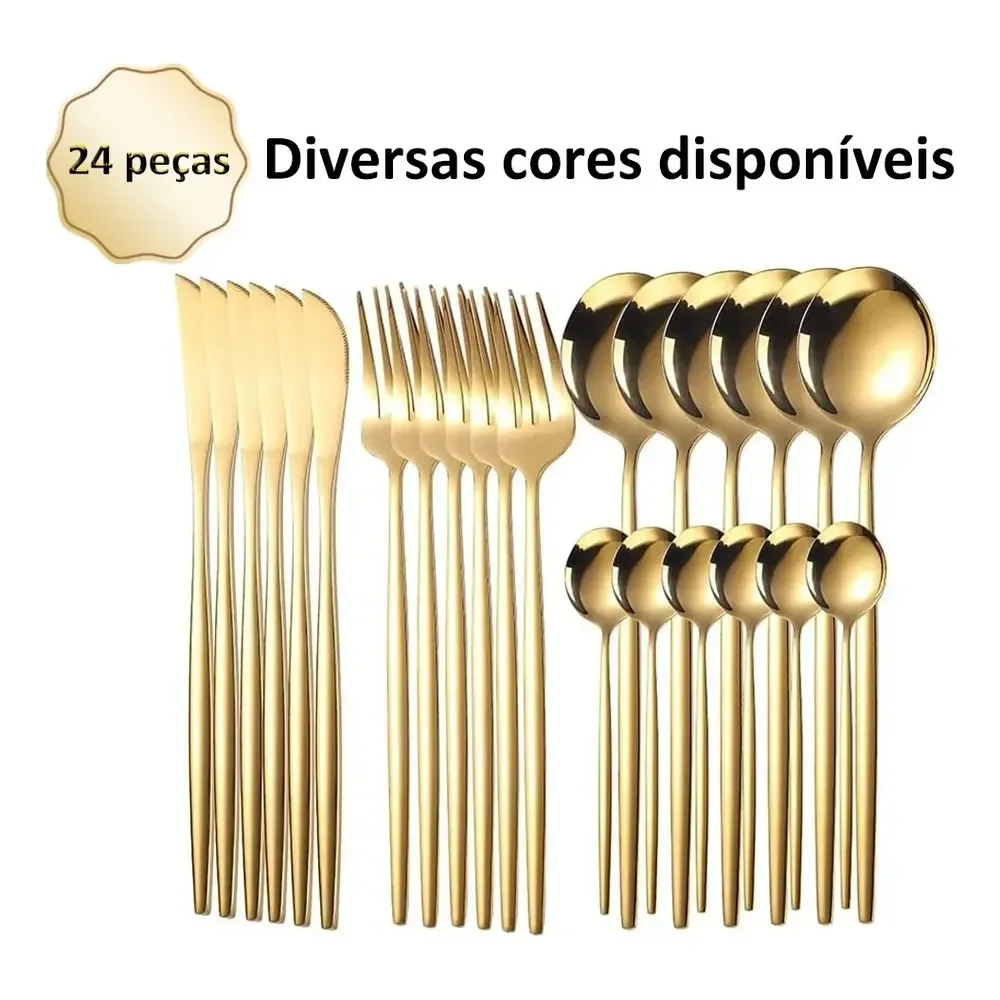 Faqueiro Kit Talheres Em Aço Inox Com Detalhe 24 Peças Dourado