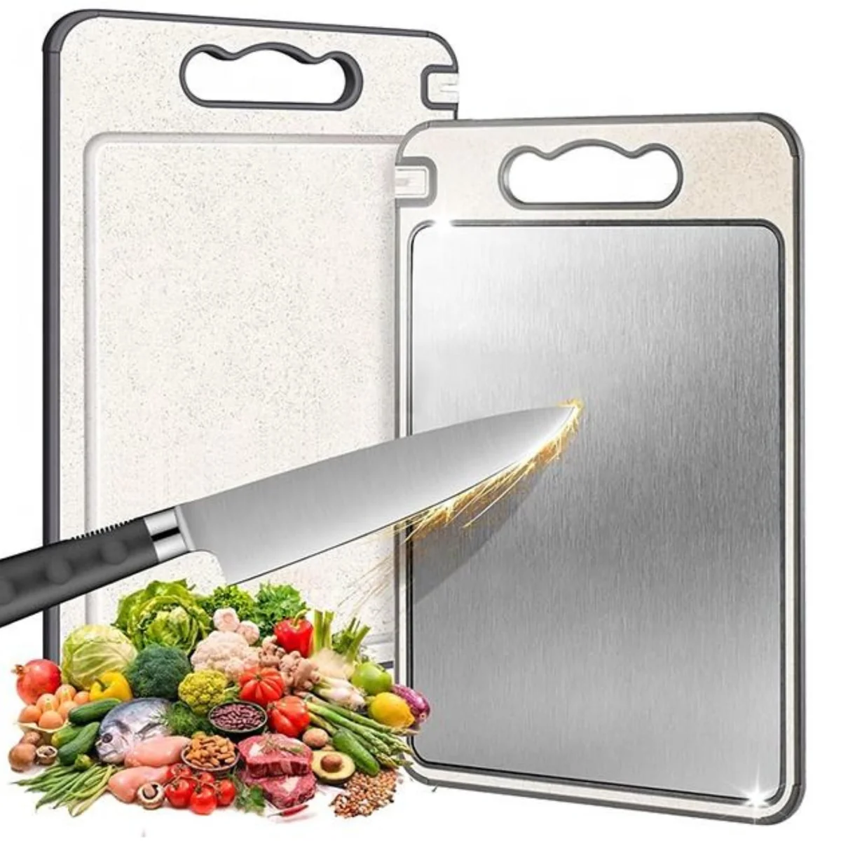 Tábua de Corte Inox Cozinha Dupla Face Aço Inoxidável e PP, Superfície Higiênica para Carnes, Frutas e Vegetais, Afiador Integrado Base Antiderrapante e Alça Ergonômica Premium