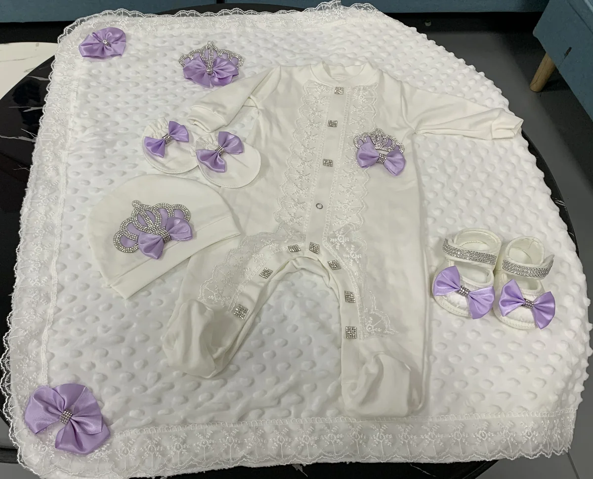Coroa Rosa do bebê Meninas Início Layette, Contas recém-nascidos, Precioso Berçário, Hospital Recebendo Cobertor, Romper Set, 5 pcs