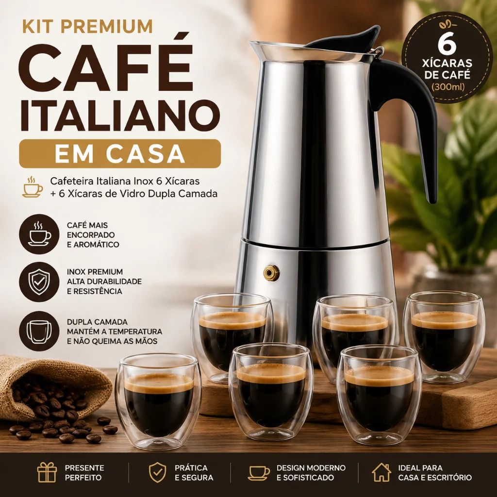 Cafeteira Italiana Inox Premium 300ml 6 Cafés + Copos Térmicos Vidro Espresso