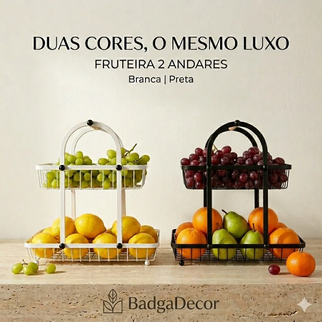 Fruteira de Ferro 2 Andares com Alça Bambu 🥭🍎 Cozinha Mesa Bancada Organizador Moderno