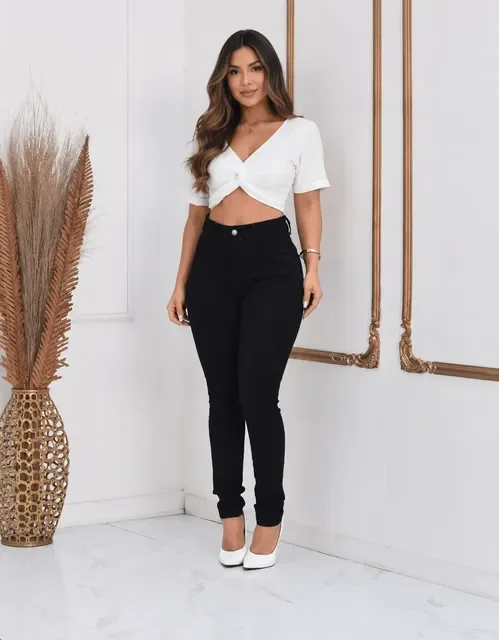 Calça Jeans Feminina Preta Skiny Cintura Alta Levanta Bumbum