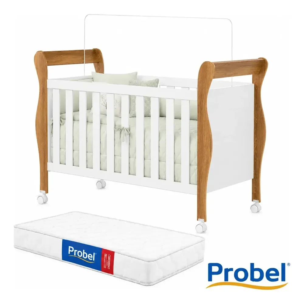 Berço 3 Em 1 Americano Slim 100% Em Mdf Vira Cama Com Colchão Probel E Rodízios Grade Cor Branco Amadeirado Amadeirado